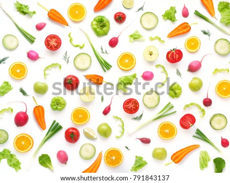 Wallpaper abstract composition of fruits and vegetables. Food pattern vegetables. Healthy food concept. Vegetables isolated, top view. Royalty-Free Stock Photo #791843137
