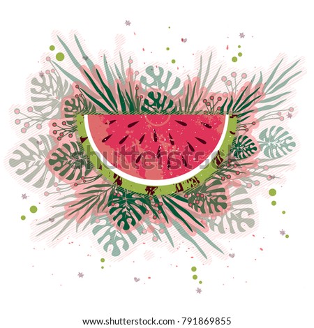 vector card with a piece of watermelon. white background. leaves of plants.