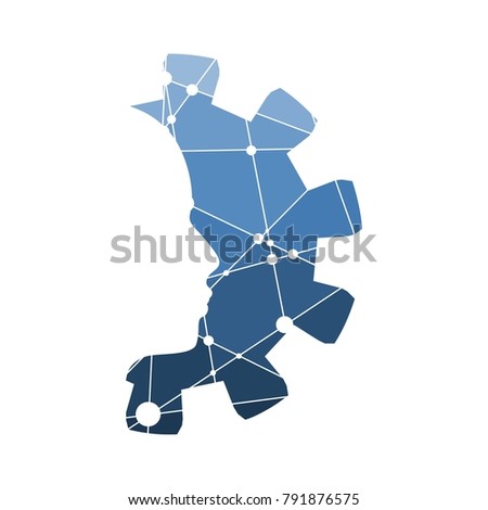 Silhouette of a head in the gear. Business and industry emblem template. Scientific medical design. Molecule and communication texture. Connected lines with dots.