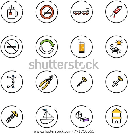 line vector icon set - tea vector, no smoking sign, baggage truck, firework rocket, refresh, drink, beach, bezier, pliers, screw, nail dowel, sailboat toy, constructor blocks, block house