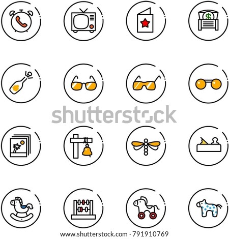 line vector icon set - phone alarm vector, tv, star postcard, money chest, fizz opening, sunglasses, photo, ship bell, dragonfly, jointer, rocking horse, abacus, wheel, toy