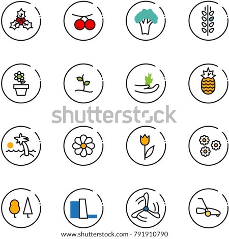line vector icon set - holly vector, rowanberry, broccoli, spica, flower pot, sproute, hand, pineapple, palm, tulip, forest, water power plant, wind mill, lawn mower