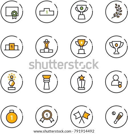 line vector icon set - certificate vector, pedestal, cup, golden branch, winner, win, gold, award, medal, flags cross, baseball bat
