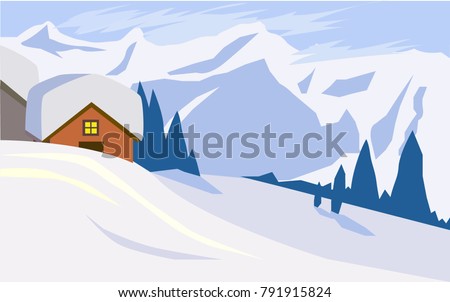 
Vector illustration. Mountain village in winter with a picture of a house and trees against the backdrop of the mountains. Can be used as background for greeting card.