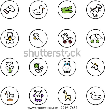 line vector icon set - dog vector, duck toy, crocodile, dinosaur, bear, horse stick, wheel, elephant, caterpillar, rabbit, unicorn, monster, giraffe