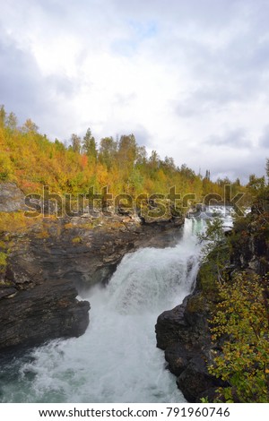 Gaustafallet waterfall in autumn in sweden