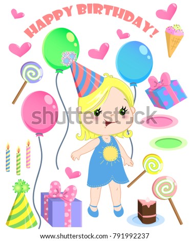 Set of vector birthday cartoon party elements, and a cute girl.