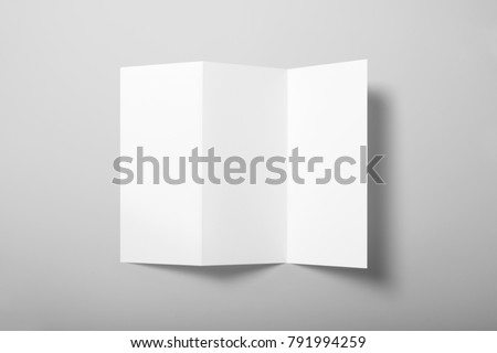 Real photo, tri fold brochure, flyer mockup template, isolated on light grey background to place your design.