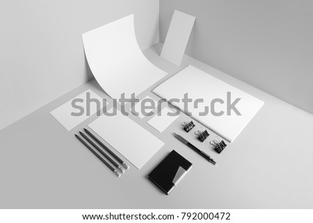 Real photo, stationery branding mockup template, isolated on light grey background to place your design. 