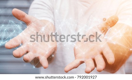 Businessman on blurred background using flying network connection 3D rendering