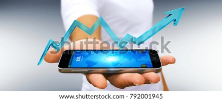 Businessman on blurred background using digital modern arrow over mobile phone 3D rendering