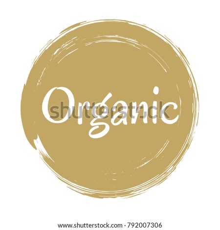 Organic products icon, food package label vector graphic design. Organic food logo, no chemicals sign, brown round stamp isolated clip art, circle tag organic farming label or sticker vector emblem.