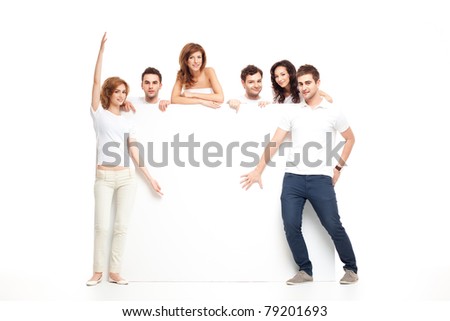 group of smiling friends recommending blank banner