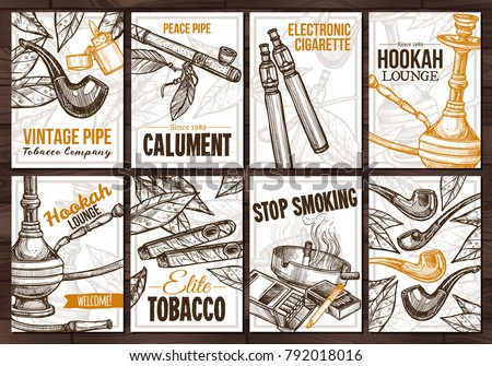 Collection of vector hand drawn posters with tobacco and smoking collection cigarettes, cigars, hookah, tobacco leaves, pipes. Set of monochrome sketch cards with typographic