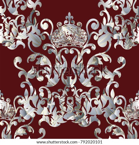 Baroque royal seamless pattern. Dark red vector damask background with antique textured baroque flowers, king crown, scroll leaves, patterned ornaments. Floral surface design for wallpapers, fabric.