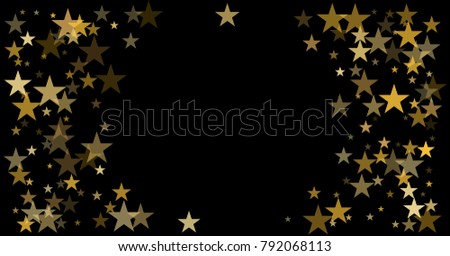 gold stars background, christmas confetti falling holidays vector. magic shining Flying stars on night sky and glitter dots cosmic backdrop, sparkle border. 