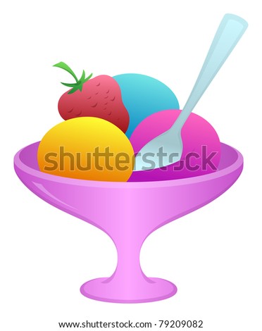 Sweet dessert, ice cream and fruit in a vase with a spoon, isolated