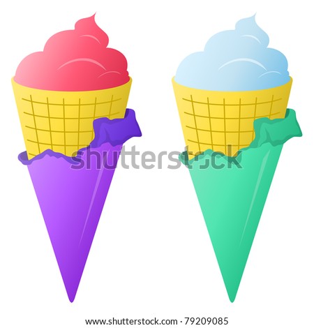 Sweet dessert, various ice-cream in a wafer cups, isolated