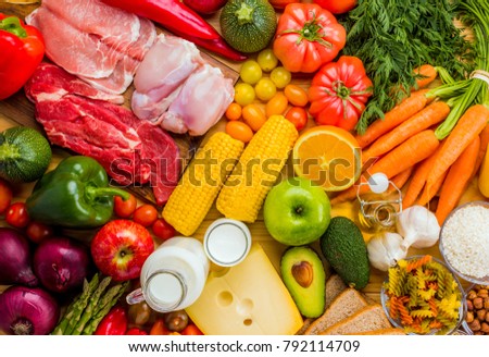 Different types of food from the food pyramid seen from above. Royalty-Free Stock Photo #792114709