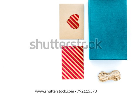 To wrap gift. Box, kraft paper, envelope, greeting card, on whit