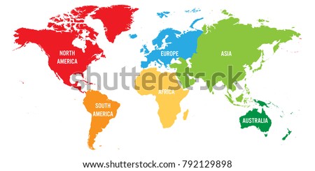 World map divided into six continents. Each continent in different color. Simple flat vector illustration.