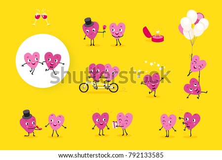 Love story. A collection of animated hearts, a loving guy and a girl in different situations. Isolated groups of characters, illustrations for Valentines Day, Wedding, Engagement