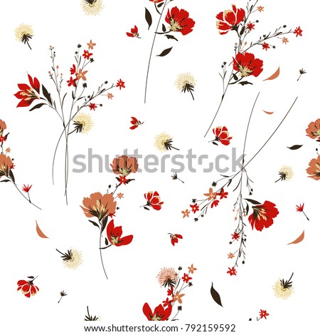 Retro wild flower pattern in the many kind of florals. Botanical  Motifs scattered random. Seamless vector texture. For fashion prints. Printing with in hand drawn style on white background.