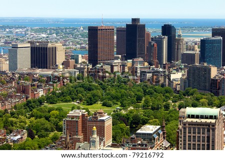 Aerial view of Boston in Massachusetts in the summer season with the Boston Common and Public Garden.