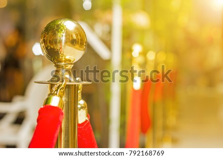 Golden stanchions with a red rope. Barrier, enclosed VIP area, protected entrance, private event, luxury gala concept. Royalty-Free Stock Photo #792168769