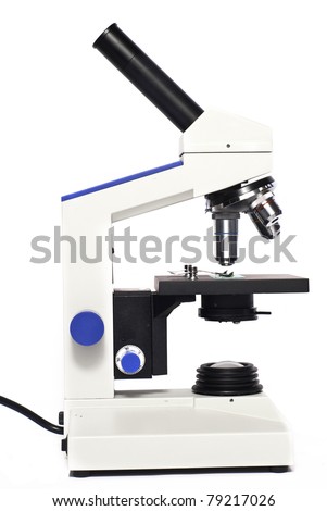 side view of a white microscope isolated on white background