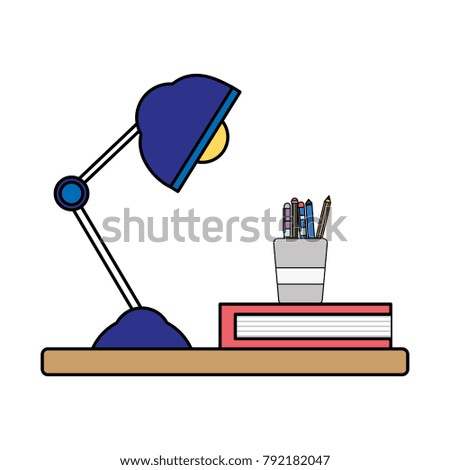 colorful wood shelf with desk lamp and office utensils