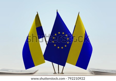 Two flags of Upper Silesia and European Union flag between
