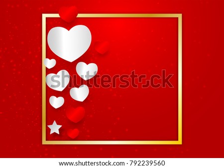 Vector heart shape and golden frame with copy space on red background, valentines day concept
