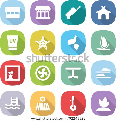 flat vector icon set - market vector, suitcase, bungalow, uv cream, starfish, golf, windsurfing, flower in window, cooler fan, table, slippers, pool, field, thermometer, sprouting