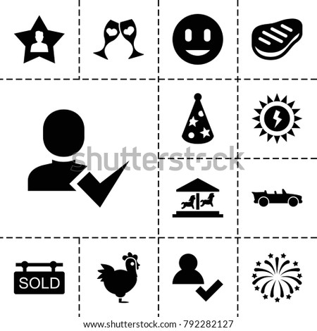 New icons. set of 13 editable filled new icons such as add user, clink glasses, favorite user, fireworks, party hat, beef, cabriolet, sold tag, sun battery, chicken, smile