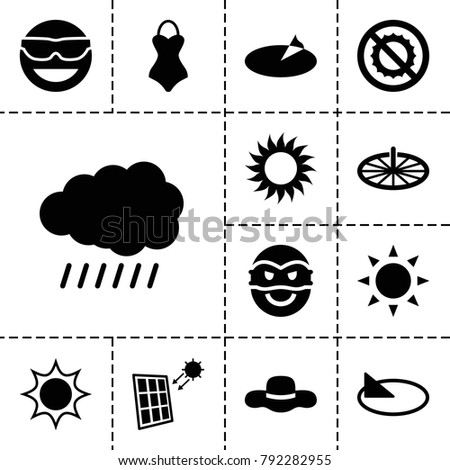 Sun icons. set of 13 editable filled sun icons such as sun, no brightness, solar panel, swimsuit, ninja