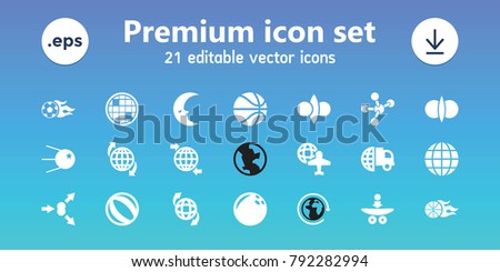 Sphere icons. set of 21 editable filled sphere icons includes international delivery, bowling ball, beach ball, atom fusion, atom move, core, globe and plane, qround the globe
