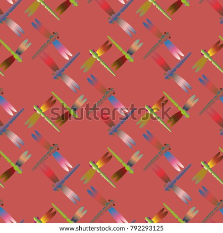 Decorative colored seamless pattern with cute dragonfly. Vintage background with many dragonflies silhouettes for your design.