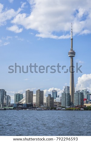 The beautiful Toronto's skyline over lake. Urban architecture. Ontario, Canada.