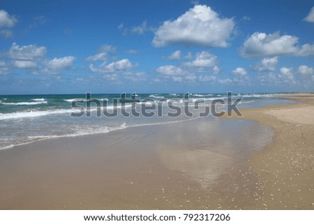 Beautiful Mediterranean Sea shore with  seashell, blue sky and white clouds reflection
