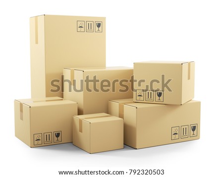 Group of goods in cardboard boxes. Objects isolated on white background 3d Royalty-Free Stock Photo #792320503