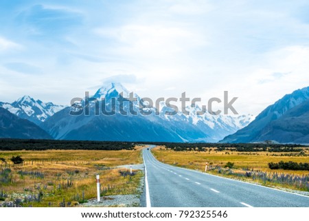 Beautiful scene of road on th way to to Mt cook. Christchurch, New Zealand Royalty-Free Stock Photo #792325546