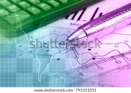 Financial background with map, calculator, graph and pen, toned.