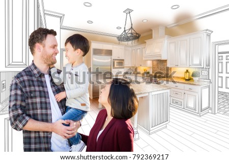 Young Mixed Race Caucasian and Chinese Family In Front of Custom Kitchen Drawing and Photo Combination.
