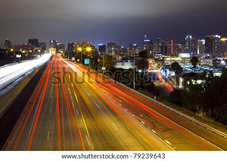 Long exposure of freeway and city skyline of San Diego, California