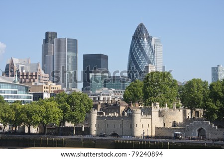 View of London's skyline showing the Gherkin and Tower of London
