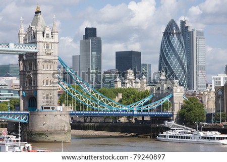 A view of Tower Bridge and the Gherkin from across the Thames