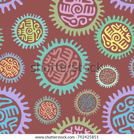 Seamless colorful fashion backdrop pattern with aztec and mayan eagle and a sun-shaped circle on brown background
