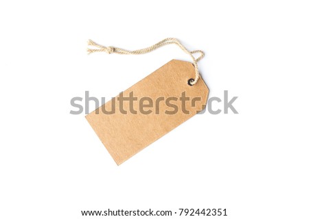 Blank brown cardboard price tag or label with thread isolated white background.price tag