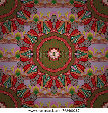 Unusual vector ornament decoration. Colorful colored tile mandala on a green, orange and neutral colors. Boho abstract seamless pattern. Intricate floral design element for wallpaper, gift paper.